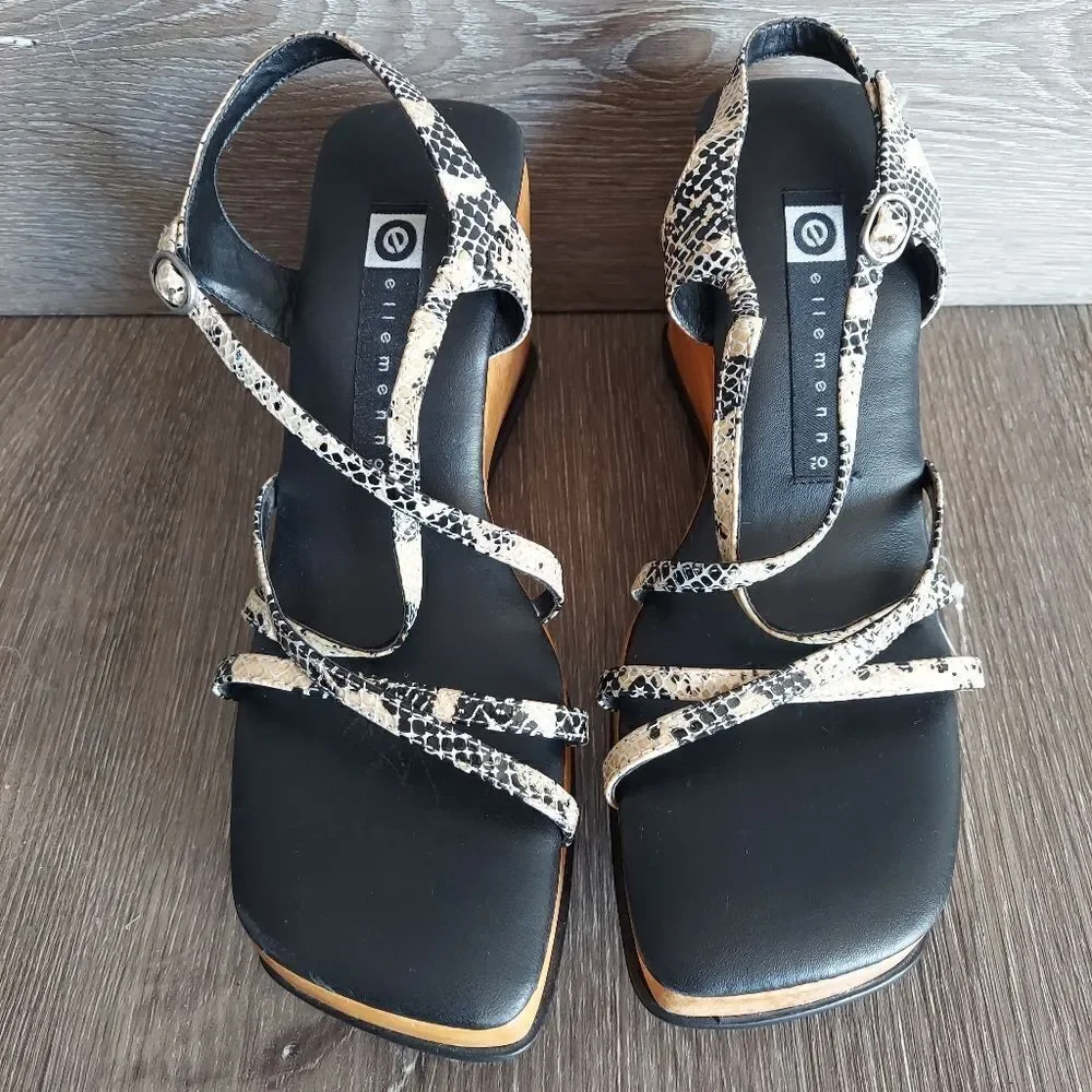 Ellemenno Vintage 90s y2k Strappy Snake Skin Chunky Platform Wood Sandal 7.5